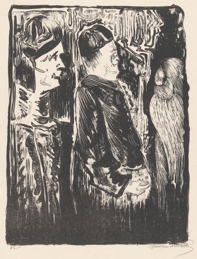 Fantasy: til venstre to figurer med hatter til høyre, til høyre et oppskrapet utseende med fjærdrakt av Samuel Jessurun de Mesquita
