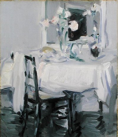 Et interiør med roser i en vase på et bord (olje på lerret) av Samuel John Peploe