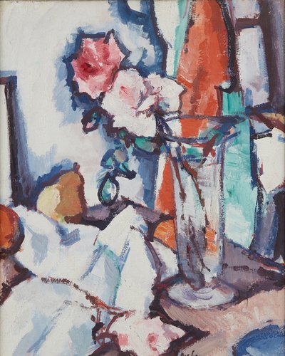 Stilleben av roser og pære (olje på lerret) av Samuel John Peploe