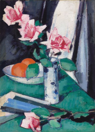 Stilleben med rosa roser og appelsiner i en blå og hvit vase, av Samuel John Peploe