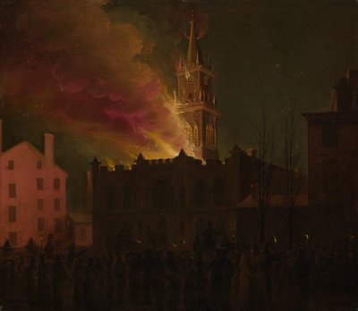Brenning av Masonic Hall, Chestnut Street, Philadelphia, Pennsylvania, 1819 av Samuel Jones