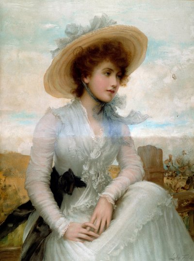 Portrett av en ung kvinne med stråhatt Trykk av Samuel Luke Fildes (1843-1927) Paris fra 1800-tallet, dekorativ kunst av Samuel Luke Fildes