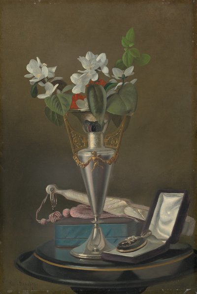 Stilleben med vifte og anheng, ca. 18651875. av Samuel Marsdon Brookes