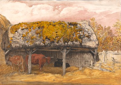En Cow Lodge med et mosete tak av Samuel Palmer