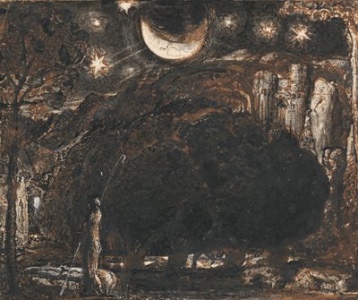En hyrde og flokken hans under månen og stjernene av Samuel Palmer