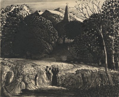Cornfield and Church by Moonlight (pensel og svart blekk på papir) av Samuel Palmer