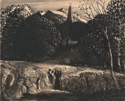 Kornåker og kirke ved måneskinn av Samuel Palmer