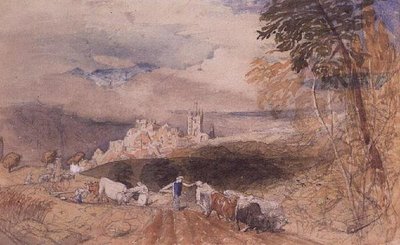 Kupert landskap med bønder som pløyer (akvarell) av Samuel Palmer