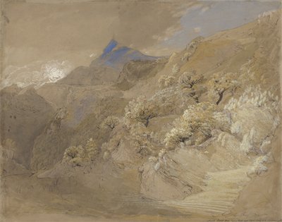 Mount Siabod fra Tyn-y-Coed nær Capel Curig (penn og blekk, kroppsfarge og akvarell på papir) av Samuel Palmer