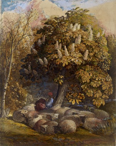 Pastoral med et hestekastanjetre, ca. 1830-31 (akvarell og kroppsfarge) av Samuel Palmer
