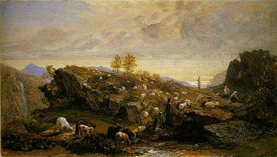 Rustikk med sauer og geiter i et steinete landskap (akvarell over blyant forsterket med gummi arabicum på papir) av Samuel Palmer