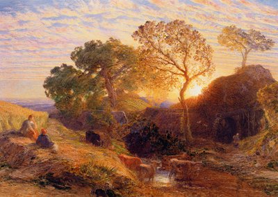 Solnedgang, ca. 1861 (w/c, grafitt, b/c og tyggegummi på kort) av Samuel Palmer