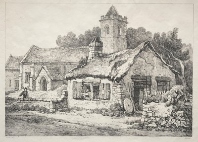 En serie med eldgamle bygninger og landlige hytter i Nord-England: Ayton, 1821. av Samuel Prout
