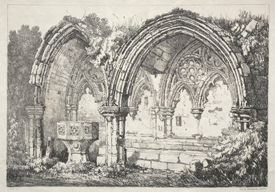 En serie med eldgamle bygninger og landlige hytter i Nord-England: En del av Kirkham Abbey av Samuel Prout