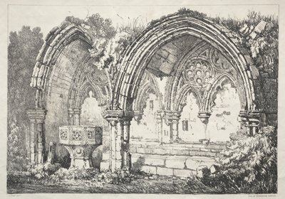 En serie med eldgamle bygninger og landlige hytter i Nord-England: En del av Kirkham Abbey, 182 av Samuel Prout