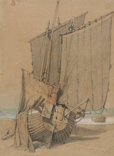 Fiskebåter på stranden med seiltørking av Samuel Prout