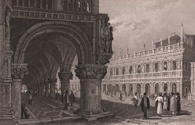 Forkorting av arkaden til Doges palass (Palazzo Ducale) med utsikt over Markusplassen og bibliotekpalasset, Venezia, Veneto, Italia, stålgravering etter tegning av Samuel Prout (1783-1852), ca. 15x11,5 cm av Samuel Prout