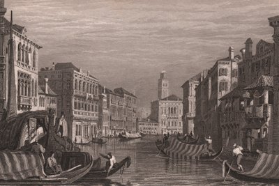 Gondoler på Canal Grande (Canal Grande), Venezia, Veneto, Italia, stålgravering etter tegning av Samuel Prout (1783-1852), ca. 15x11,5 cm av Samuel Prout
