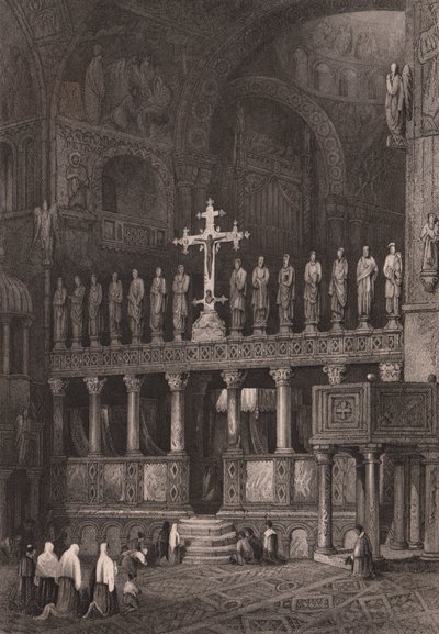 Ikonostase i Markuskirken (Basilica di San Marco), Venezia, Veneto, Italia, stålgravering etter tegning av Samuel Prout (1783-1852), ca. 15x11,5 cm av Samuel Prout
