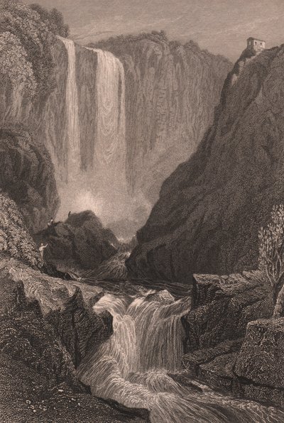 Utsikt over Marmores Falls (Cascata delle Marmore) nær Terni, Umbria, Italia, stålgravering etter tegning av Samuel Prout (1783-1852), ca. 15x11,5 cm av Samuel Prout
