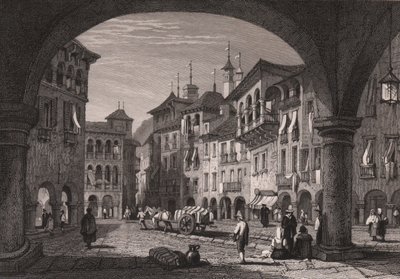 Utsikt over markedsplassen i Domodossola, Piemonte, Italia, stålgravering fra en tegning av Samuel Prout (1783-1852), ca 16x11 cm av Samuel Prout