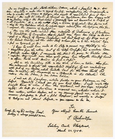 Brev fra Samuel Richardson, 22. mars 1754. av Samuel Richardson