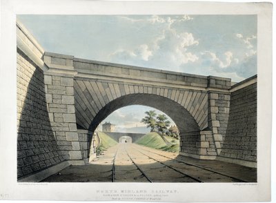 North Midland Railway. Utsikt over New Street Bridge etc i Belper, ser sørover, ca. 1840 (håndfarget litografi på papir) av Samuel Russell