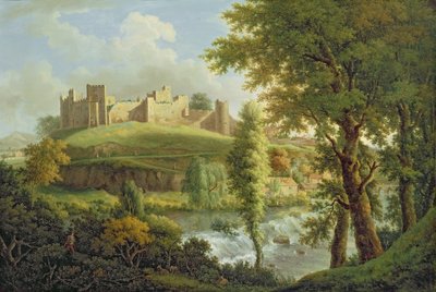 Ludlow Castle med Dinham Weir, fra sørvest, ca. 1765-69 (olje på lerret) av Samuel Scott