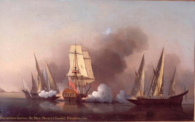 Forlovelsen mellom Blast Sloop og to spanske kapere av Samuel Scott