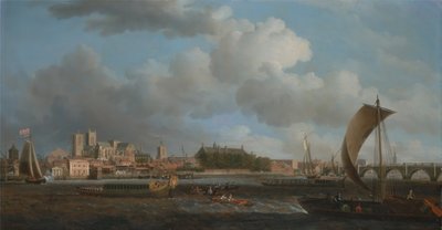 Westminster fra Lambeth, med Ceremonial Barge fra Ironmongers Company av Samuel Scott