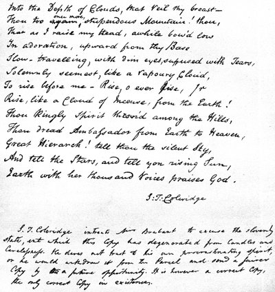 Siste linjer av Coleridges dikt Hymn before Sunrise in the Vale of Chamouni, skrevet med dikternes egen håndskrift og sendt i et brev til fru Brabant av Devizes, 1815 av Samuel Taylor Coleridge