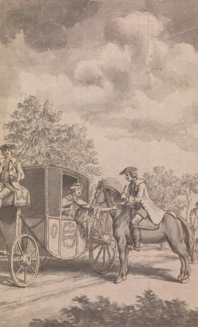 En illustrasjon til Newgate-kalenderen: Raby finner en kvinnes ring vanskelig å bli trukket av, kuttet av fingeren hennes, nær Finchley av Samuel Wale