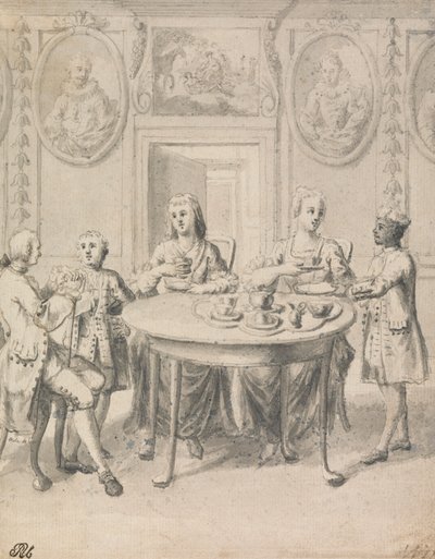 Interiørscene med familie på Tea av Samuel Wale
