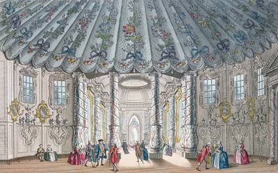 Interiørutsikt over det elegante musikkrommet i Vauxhall Gardens, gravert av H. Roberts, 1752 (håndfarget gravering) av Samuel Wale