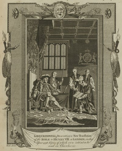 Lord Cromwell presenterer en ny oversettelse av Bibelen for kong Henry VIII i London i år 1538 av Samuel Wale