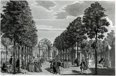 Triumfbuene, Händels statue i South Walk of Vauxhall Gardens, gravert av John S. Muller (håndfarget etsing og gravering) av Samuel Wale