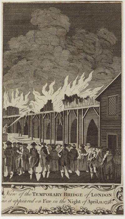 Utsikt over den midlertidige broen i London slik den så ut i brann natt til 11. april 1758 av Samuel Wale