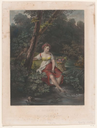 Ung kvinne med krans av blomster og føtter i vannet La Baigneuse (tittel på objekt) av Samuel William Reynolds (I)