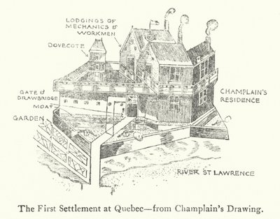 Den første franske bosetningen i Quebec, tidlig på 1600-tallet (litho) av Samuel de Champlain