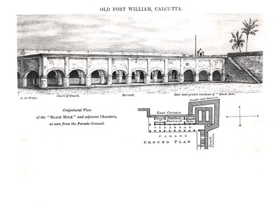Old Fort William, Calcutta, med en formodet utsikt over "Black Hole" og tilstøtende kamre sett fra Parade Ground av Samuel de Wilde