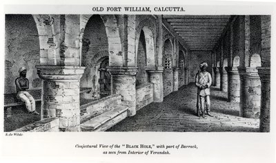 Old Fort William, Calcutta, med en formodet utsikt over det "svarte hullet", med en del av brakken, sett fra det indre av verandaen av Samuel de Wilde