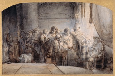 Judas mottar de tretti sølvstykkene, ca. 1640 (penn og blekk over rødt kritt over vask på papir) av Samuel van Hoogstraten