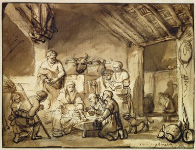 The Adoration of the Shepherds (penn og blekk vaskes over svart kritt på papir) av Samuel van Hoogstraten