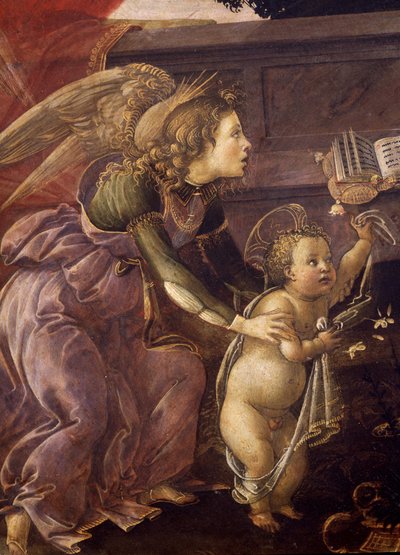 Madonna og barn med tre engler (Madonna del Padiglione), detalj av engelen med Kristus av Sandro Botticelli