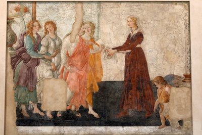 Venus og de 3 nådene ofrer gaver til en jomfru, ca. 1483-85 (fresco) av Sandro Botticelli