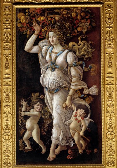 Høst eller allegori mot vinmisbruk En ung kvinne bærer på hodet en kurv full av frukt som representerer overflod og drar for hånd to fulle små barn (bacchus). Maleri av Alessandro di Mariano dei Filipepi dit Sandro Botticelli (1445-15 av Sandro Botticelli