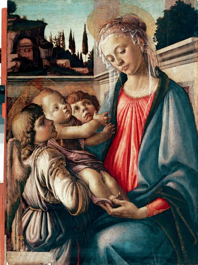 Madonna har barn med to engler Detrempe på tre av Sandro Filipepi dit Botticelli (1445-1510) 1468-1469 Dim. 100x71 cm Napoli, Galleria Nazionali di Capodimonte - Madonna og barn med to engler, av Sandro Filipepi a.k.a Botticelli (1445-1510). Temperament av Sandro Botticelli