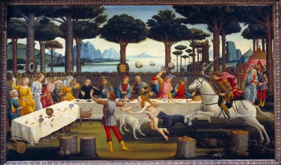 Historien om Nastagio degli Onesti: Bankett i furuskogen, tredje panel i en serie på fire: Nastagio, ulykkelig forelsket, inviterer kvinnen han elsker og familien hans har en bankett for å vise dem epilogen til en historie som ligner på hans egen mellom kl av Sandro Botticelli