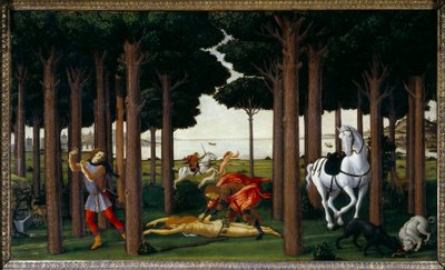 Story of Nastagio degli Onesti: Infernal Hunt”” andre panel i en serie på fire: Nastagio, ulykkelig forelsket, deltar på utryddingen av en ung kvinne som er skyldig i å ikke utveksle kjærligheten som en ridder bærer, og som vil bli slukt av hunder. Fra en  av Sandro Botticelli