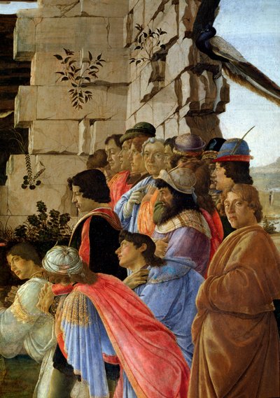 The Adoration of the Magi, detalj av selvportrettet til høyre (tempera på tre av Sandro Botticelli